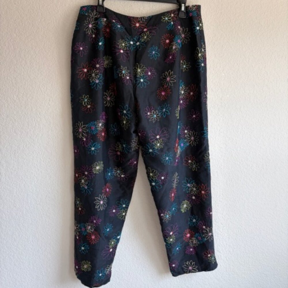 Silkland 100% Silk Pants Women Size 14 Black with Floral Embroidery Colorful lux - Picture 3 of 8